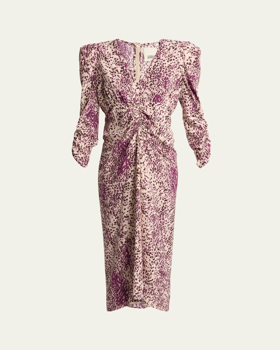 Albini Spotted-Print Ruched 3/4-Sleeve Midi Dress